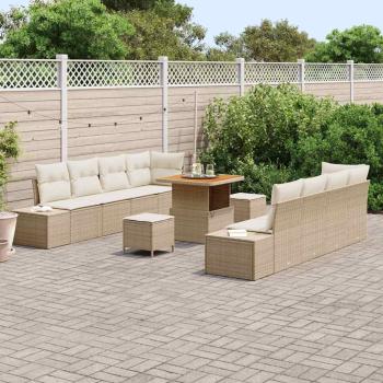 11-teiliges Garten Sofa Set mit Kissen Beige Poly Rattan Akazie, 2-Sitzer Garten Sofa mit Stauraum & Kissen Beige Poly Rattan, 3-teiliges Garten Esszimmer Set mit Kissen Beige Poly Rattan Akazie