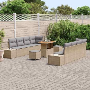 11-teiliges Garten Sofa Set mit Kissen Beige Poly Rattan Akazie, 2-Sitzer Garten Sofa mit Stauraum und Kissen Beige Poly Rattan, 3-teiliges Garten Essset mit Kissen Beige Poly Rattan Akazie