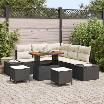 ARDEBO.de - 8-teiliges Garten Sofa Set mit Kissen Schwarz Poly Rattan Akazie, 2-Sitzer Garten Sofa mit Stauraum & Kissen Schwarz Poly Rattan, 3-teiliges Garten Essgruppe mit Kissen Schwarz Poly Rattan Akazie
