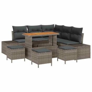 9-teiliges Garten Sofa Set mit Kissen Grau Poly-Rattan Akazie, 2-Sitzer Garten Sofa mit Stauraum & Kissen Grau Poly-Rattan, 4-teiliges Garten Essset mit Kissen Grau Poly-Rattan Akazie