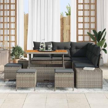 9-teiliges Garten Sofa Set mit Kissen Grau Poly-Rattan Akazie, 2-Sitzer Garten Sofa mit Stauraum & Kissen Grau Poly-Rattan, 4-teiliges Garten Essset mit Kissen Grau Poly-Rattan Akazie