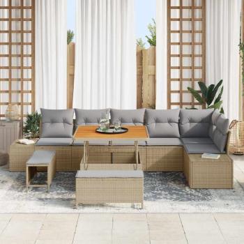 9-teiliges Garten Sofa Set mit Kissen Beige Poly Rattan Akazie, 2-Sitzer Garten Sofa mit Stauraum und Kissen Beige Poly Rattan, 3-teiliges Garten Essset mit Kissen Beige Poly Rattan Akazie