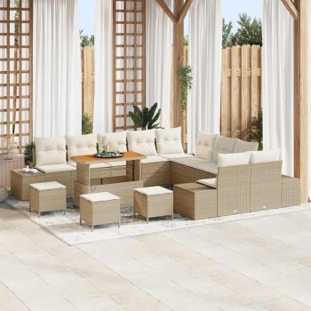 ARDEBO.de - 14-teiliges Garten Sofa Set mit Kissen Beige Poly Rattan, 2-Sitzer Garten Sofa mit Stauraum & Kissen Beige Poly Rattan, 4-teiliges Garten Ess-Set mit Kissen Beige Poly Rattan