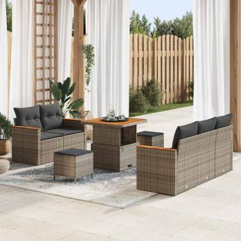 ARDEBO.de - 8-teiliges Garten-Sofa-Set mit Kissen Grau Poly-Rattan Akazie, 3-teiliges Garten-Ess-Set mit Kissen Grau Poly-Rattan Akazie