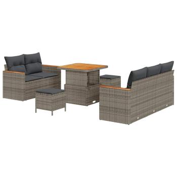 8-teiliges Garten-Sofa-Set mit Kissen Grau Poly-Rattan Akazie, 3-teiliges Garten-Ess-Set mit Kissen Grau Poly-Rattan Akazie