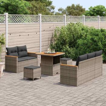 8-teiliges Garten-Sofa-Set mit Kissen Grau Poly-Rattan Akazie, 3-teiliges Garten-Ess-Set mit Kissen Grau Poly-Rattan Akazie