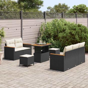 8-teilige Garten Sofa Set mit Kissen Schwarz Poly Rattan Akazie, 3-teiliges Garten Esszimmer Set mit Kissen Schwarz Poly Rattan Akazie