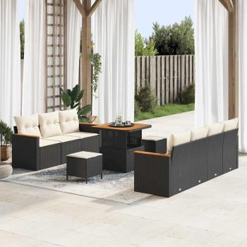 ARDEBO.de - 10-teilige Garten Sofas mit Kissen Schwarz Poly Rattan Akazie, 3-teilige Garten Essgruppe mit Kissen Schwarz Poly Rattan Akazie