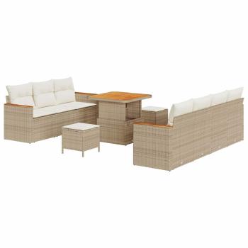 10-teiliges Garten Sofa Set mit Kissen Beige Poly Rattan Akazie, 3-teiliges Garten Esstisch Set mit Kissen Beige Poly Rattan Akazie