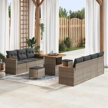 ARDEBO.de - 10-teiliges Garten Sofa Set mit Kissen Grau Poly Rattan Akazie, 3-teiliges Garten Essset mit Kissen Grau Poly Rattan Akazie