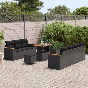 ARDEBO.de - 10-teiliges Garten-Sofa-Set mit Kissen Schwarz Poly Rattan Akazie, 3-teiliges Garten-Ess-Set mit Kissen Schwarz Poly Rattan Akazie
