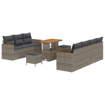 10-teiliges Garten-Sofa-Set mit Kissen Grau Poly Rattan Acacia, 3-teiliges Garten-Esszimmer-Set mit Kissen Grau Poly Rattan Acacia