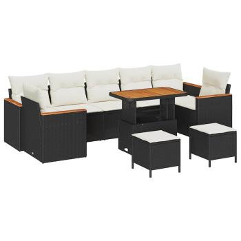 10-teiliges Garten-Sofa-Set mit Kissen in Schwarz Poly-Rattan Akazie, 3-teiliges Garten-Dining-Set mit Kissen in Schwarz Poly-Rattan Akazie