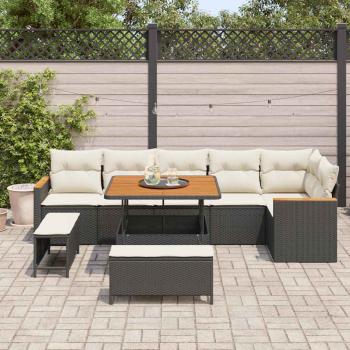 9-teiliges Garten Sofa Set mit Kissen Schwarz Poly Rattan Akazie, 3-teiliges Garten Esstisch Set mit Kissen Schwarz Poly Rattan Akazie