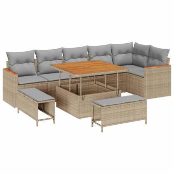 9-teiliges Garten Sofa Set mit Kissen Beige Poly Rattan Akazie, 3-teiliges Garten Essset mit Kissen Beige Poly Rattan Akazie