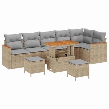 9-teiliges Garten Sofa Set mit Kissen Beige Poly Rattan Akazie, 3-teiliges Garten Essenset mit Kissen Beige Poly Rattan Akazie
