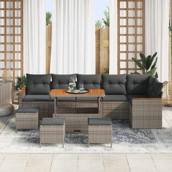 ARDEBO.de - 10-teiliges Garten-Sofa-Set mit Kissen Grau Poly Rattan Akazie, 4-teiliges Garten-Esszimmer-Set mit Kissen Grau Poly Rattan Akazie