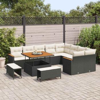 12-teiliges Garten Sofa Set mit Kissen Schwarz Poly Rattan Akazie, 3-teiliges Garten Esstisch Set mit Kissen Schwarz Poly Rattan Akazie