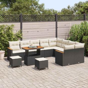 12-teiliges Garten Sofa Set mit Kissen Schwarz Poly Rattan Akazie, 3-teiliges Garten Esstisch Set mit Kissen Schwarz Poly Rattan Akazie