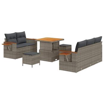 8-teiliges Garten Sofa Set mit Kissen Grau Poly Rattan Akazie, 3-teiliges Garten Ess Set mit Kissen Grau Poly Rattan Akazie