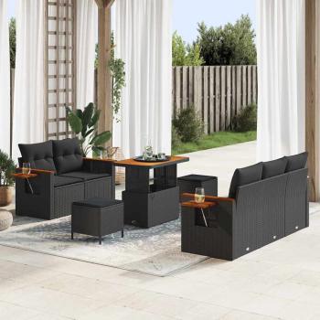 ARDEBO.de - 8-teiliges Garten Sofa Set mit Kissen Schwarz Poly Rattan Akazie, 3-teiliges Garten Esszimmer Set mit Kissen Schwarz Poly Rattan Akazie