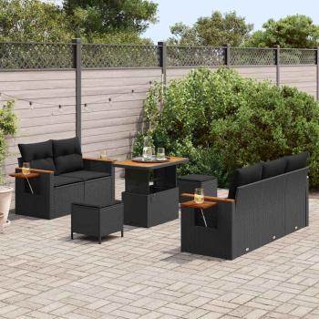 8-teiliges Garten Sofa Set mit Kissen Schwarz Poly Rattan Akazie, 3-teiliges Garten Esszimmer Set mit Kissen Schwarz Poly Rattan Akazie