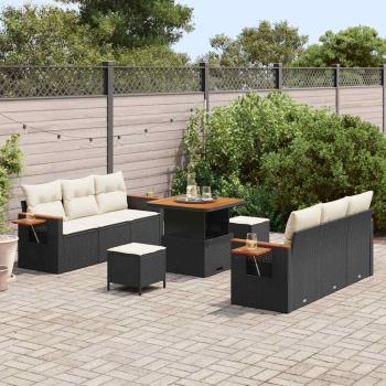 9-teiliges Garten Sofaset mit Kissen in schwarzem Poly-Rattan, 3-teiliges Garten Essenset mit Kissen in schwarzem Poly-Rattan