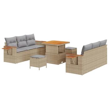 9-teiliges Garten-Sofa-Set mit Kissen beige Poly-Rattan Akazie, 3-teiliges Garten-Ess-Set mit Kissen beige Poly-Rattan Akazie