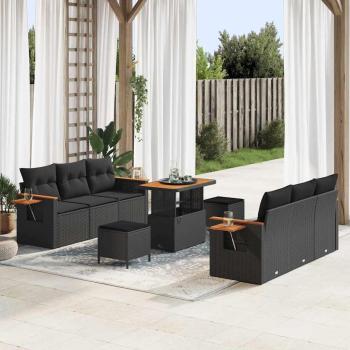 ARDEBO.de - 9-teiliges Garten Sofa Set mit Kissen Schwarz Poly Rattan Akazie, 3-teiliges Garten Esszimmer Set mit Kissen Schwarz Poly Rattan Akazie