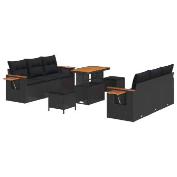 9-teiliges Garten Sofa Set mit Kissen Schwarz Poly Rattan Akazie, 3-teiliges Garten Esszimmer Set mit Kissen Schwarz Poly Rattan Akazie