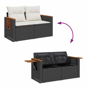 9-Teiliges Garten Sofa Set mit Kissen Schwarz Poly Rattan Akazie, 3-Teiliges Garten Essenset mit Kissen Schwarz Poly Rattan Akazie