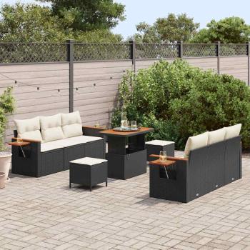 9-Teiliges Garten Sofa Set mit Kissen Schwarz Poly Rattan Akazie, 3-Teiliges Garten Essenset mit Kissen Schwarz Poly Rattan Akazie