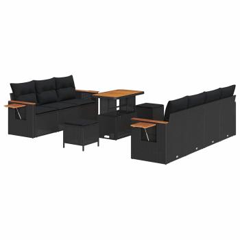 10-teiliges Garten-Sofa-Set mit Kissen Schwarz Poly Rattan Akazie, 3-teiliges Garten-Esstisch-Set mit Kissen Schwarz Poly Rattan Akazie