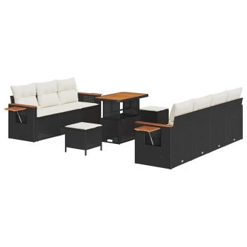10-tlg. Garten-Sofa-Set mit Kissen Schwarz Poly-Rattan Akazie, 3-tlg. Garten-Ess-Set mit Kissen Schwarz Poly-Rattan Akazie