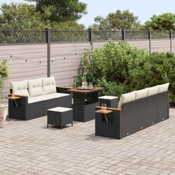 10-tlg. Garten-Sofa-Set mit Kissen Schwarz Poly-Rattan Akazie, 3-tlg. Garten-Ess-Set mit Kissen Schwarz Poly-Rattan Akazie