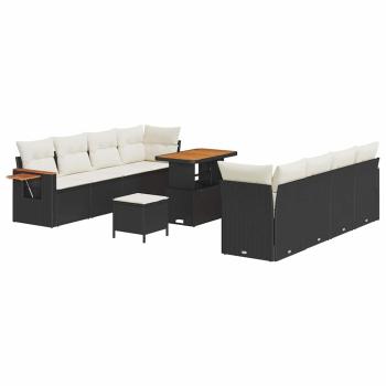 11-teiliges Garten Sofa Set mit Kissen Schwarz Poly Rattan Akazie, 3-teiliges Garten Esszimmerset mit Kissen Schwarz Poly Rattan Akazie