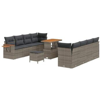 11-teiliges Garten-Sofa-Set mit Kissen Grau Poly-Rattan Akazie, 3-teiliges Garten-Ess-Set mit Kissen Grau Poly-Rattan Akazie