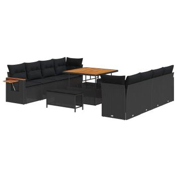 ARDEBO.de - 11-teiliges Garten-Sofa Set mit Kissen Schwarz Poly-Rattan Akazie, 3-teiliges Garten-Dining-Set mit Kissen Schwarz Poly-Rattan Akazie