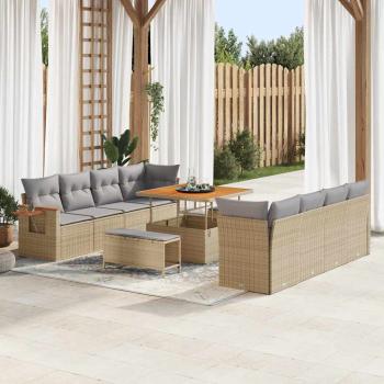 ARDEBO.de - 11-teiliges Garten Sofa Set mit Kissen Beige Poly-Rattan Akazie, 3-teiliges Gartentisch Set mit Kissen Beige Poly-Rattan Akazie