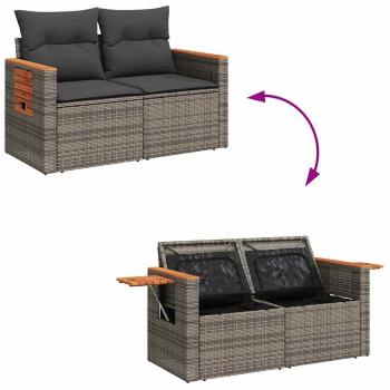 11-teiliges Garten Sofa Set mit Kissen Grau Poly Rattan Akazie, 3-teiliges Garten Ess-Set mit Kissen Grau Poly Rattan Akazie