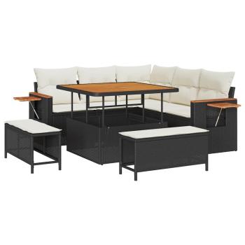 8-teiliges Garten Sofa Set mit Kissen Schwarz Poly Rattan Akazie, 3-teiliges Garten Essset mit Kissen Schwarz Poly Rattan Akazie