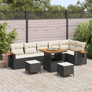 ARDEBO.de - 9-teiliges Garten-Sofa-Set mit Kissen Schwarz Poly-Rattan Akazie, 3-teiliges Garten-Dining-Set mit Kissen Schwarz Poly-Rattan Akazie