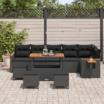 10-teiliges Garten Sofa Set mit Kissen Schwarz Poly Rattan Akazie, 4-teiliges Garten Ess-Set mit Kissen Schwarz Poly Rattan Akazie