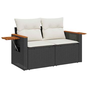 10-teiliges Garten-Sofa-Set mit Kissen Schwarz Poly Rattan Akazie, 4-teiliges Garten-Ess-Set mit Kissen Schwarz Poly Rattan Akazie