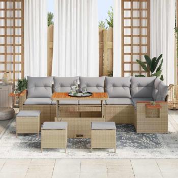 10-teiliges Garten Sofa Set mit Kissen Beige Poly Rattan Akazie, 4-teiliges Gartentisch Set mit Kissen Beige Poly Rattan Akazie