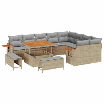 12-teiliges Garten Sofa Set mit Kissen Beige Poly Rattan Akazie, 3-teiliges Garten Essset mit Kissen Beige Poly Rattan Akazie
