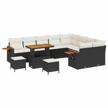 12-teiliges Garten Sofa Set mit Kissen Schwarz Poly Rattan Akazie, 3-teiliges Garten Essset mit Kissen Schwarz Poly Rattan Akazie