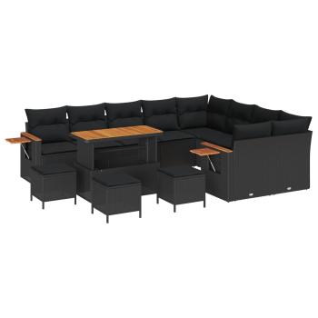 ARDEBO.de - 13-teiliges Garten-Sofa-Set mit Kissen Schwarz Poly-Rattan Akazie, 4-teiliges Garten-Dining-Set mit Kissen Schwarz Poly-Rattan Akazie