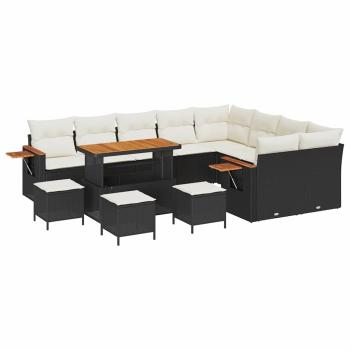 13-teiliges Garten Sofa Set mit Kissen Schwarz Poly Rattan Akazie, 4-teiliges Garten Esszimmer Set mit Kissen Schwarz Poly Rattan Akazie