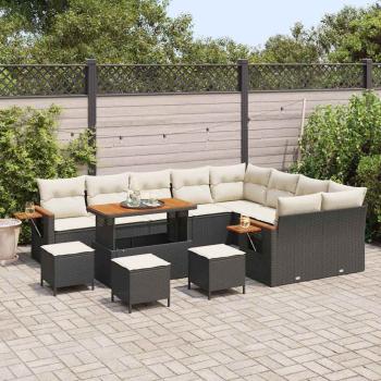 13-teiliges Garten Sofa Set mit Kissen Schwarz Poly Rattan Akazie, 4-teiliges Garten Esszimmer Set mit Kissen Schwarz Poly Rattan Akazie
